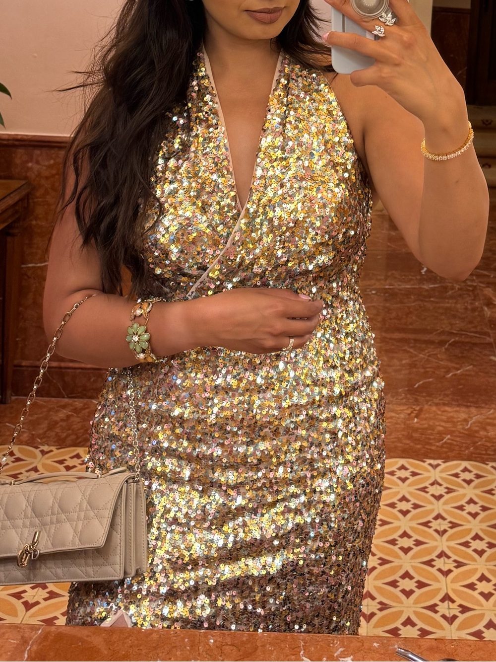 Gold Sequin Halter Wedding Guest Dress - Marciano